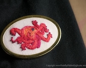 Red Fire Octopus Brooch Pin, Hand-Embroidered in Silk.