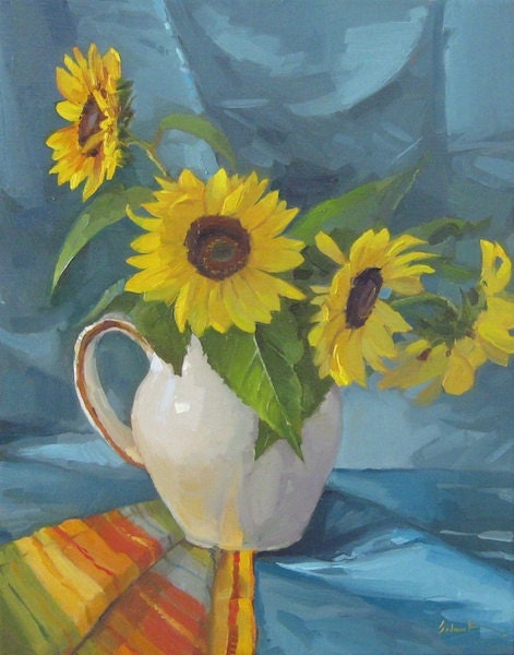 Art original oil painting floral "Sunflowers and Stripes"  by Sarah Sedwick 11x14in