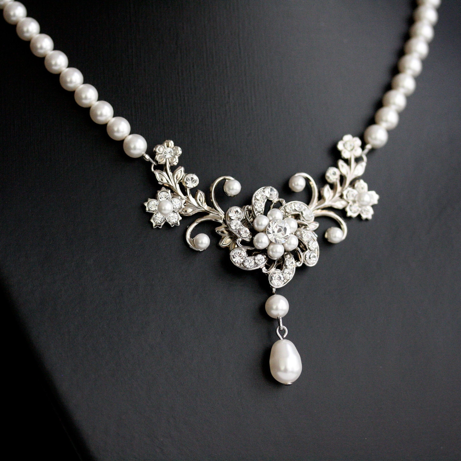 Wedding Necklace, White Pearl necklace, Vintage rhinestone flowers, Swarovski Wedding Jewelry, Sabine Classic