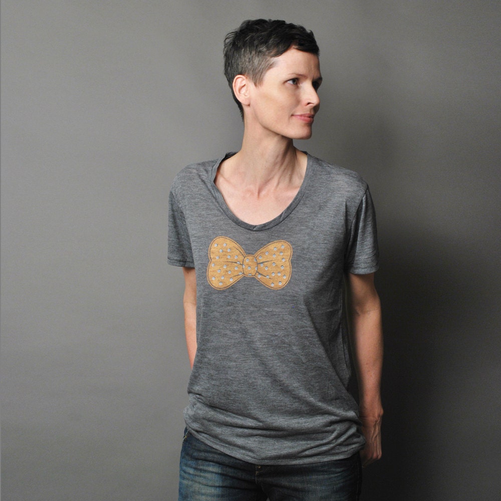 Womens Summer Fashion T shirt - Copper Bow with Silver Polkadots Screen Print - Loose Fit Shirt