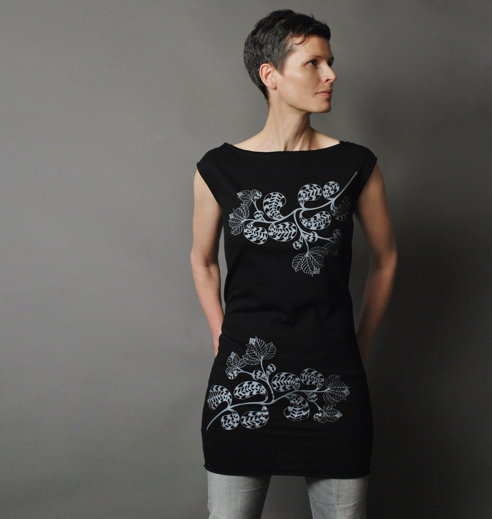 Black T Shirt Party Dress - Metallic Silver Leaf Motif Abstract Flower Screen Print - sealmaiden