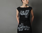 Black T Shirt Party Dress - Metallic Silver Leaf Motif Abstract Flower Screen Print - sealmaiden