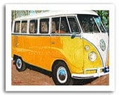 VW Volkswagen Bus Art Print - Hippie Bus - "Mellow Yellow" 11x14"