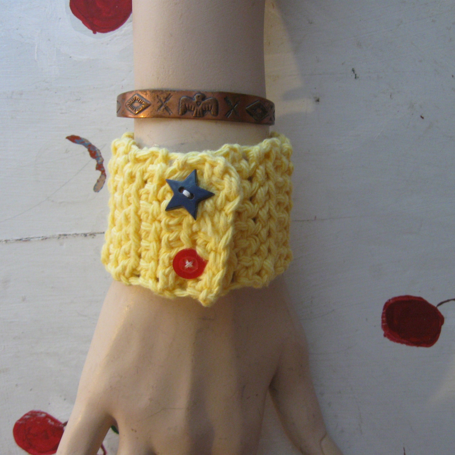 CUFF BRACELET NAUTICAL Pin Up Yellow Cotton Crochet "Sailor Girl"