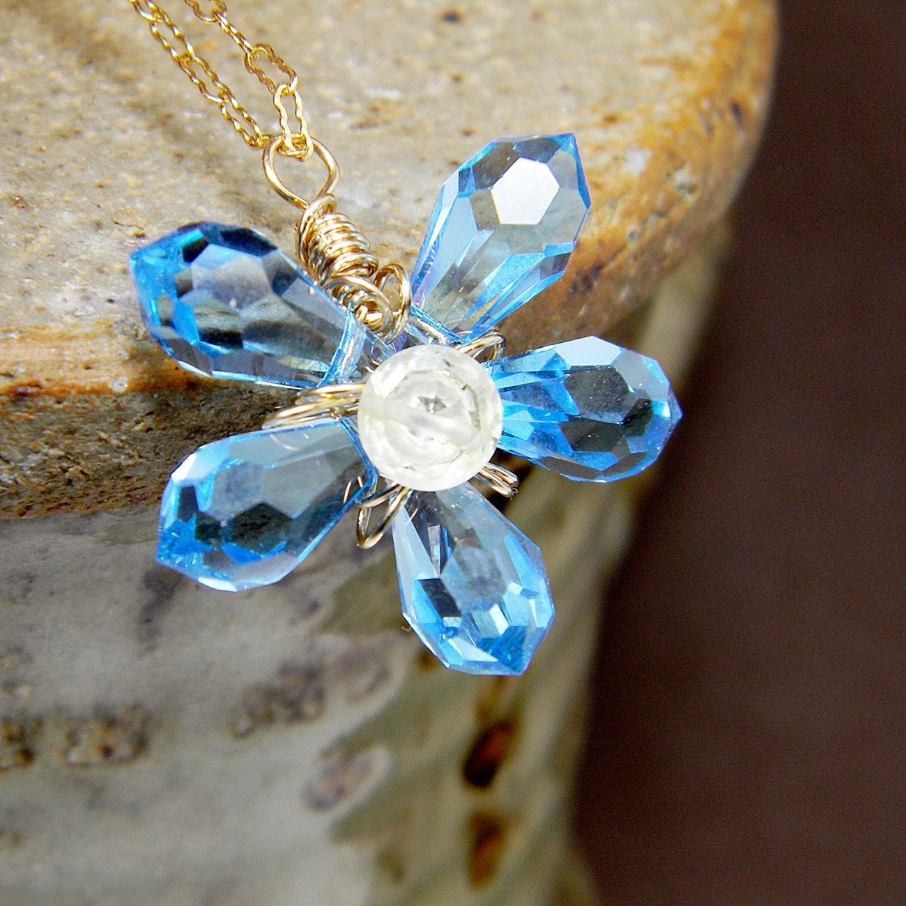 Blue Flower Pendant and Necklace Handmade Gold Wire Wrapped Delicate