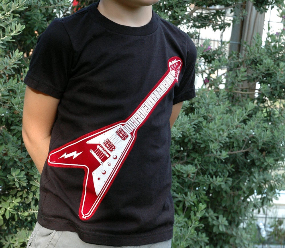 Flying V Guitar in Red on Black T-shirt