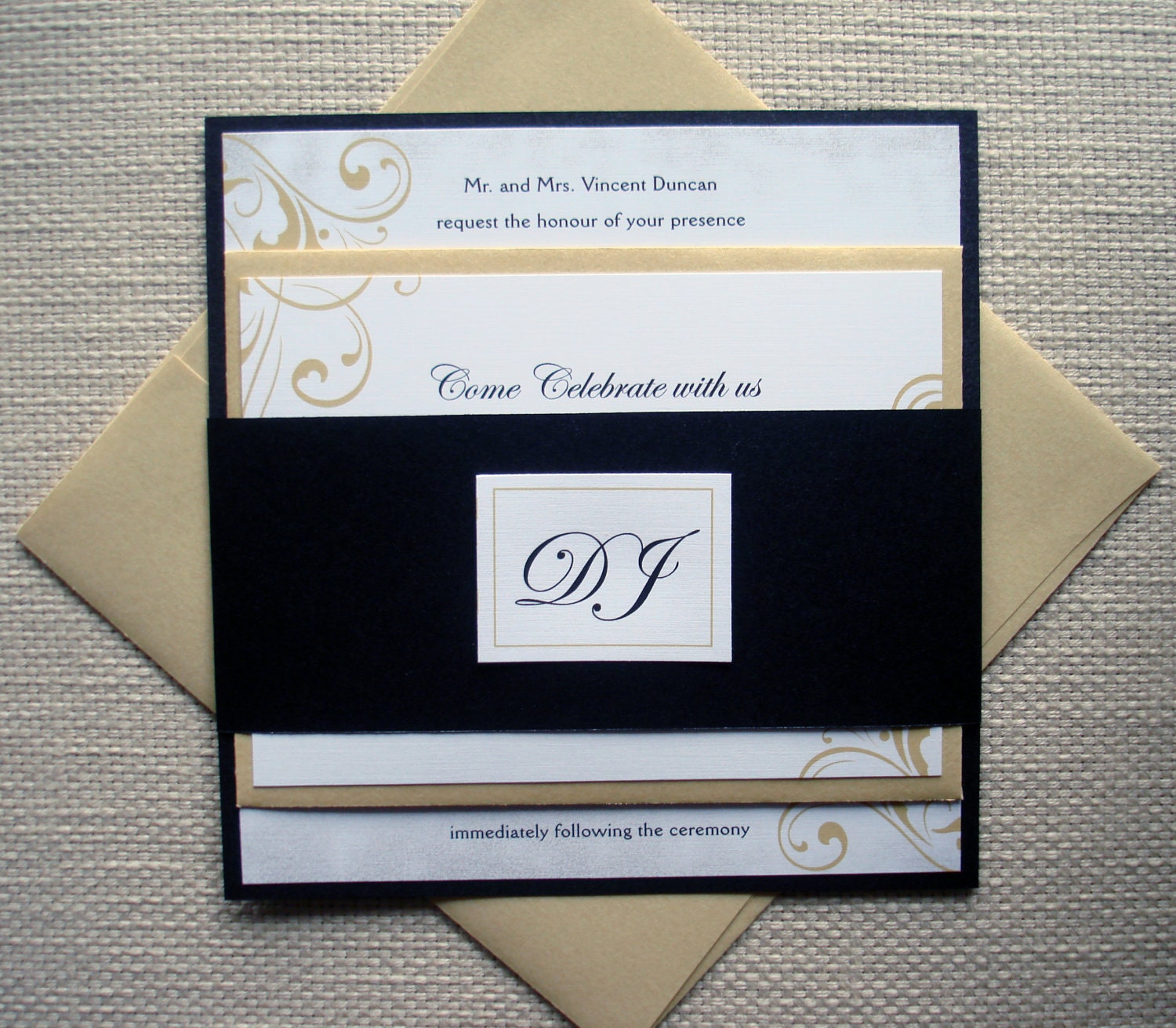 Vintage Metallic Wedding Invitation Set-  Black and Gold Flourish belly band. Bat mitzvah, sweet sixteen,  baby bridal shower christening