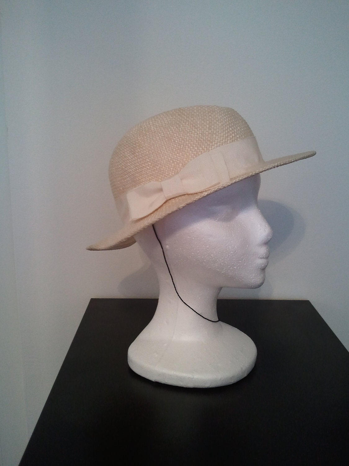 Vintage Cream / Natural Straw Hat with Wide Ribbon Band by Sonni of San Francisco
