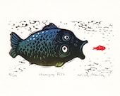 Linocut relief print Hungry Fish limited edition original hand-pulled print