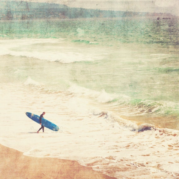 beach photography, surfer photo, beach cottage decor, blue surfboard ocean waves margin walker, mint green art, summer vacation, for him