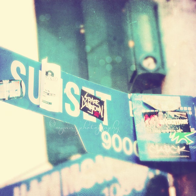 Hollywood photography, Sunset Boulevard sign, Los Angeles California music scene punk rock musician dreamy blue WeHo Sunset Strip nightlife