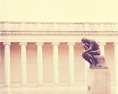 San Francisco photography, Rodin photograph, the Thinker, i know that look, rain, architecture columns, dreamy, yellow, fine art print
