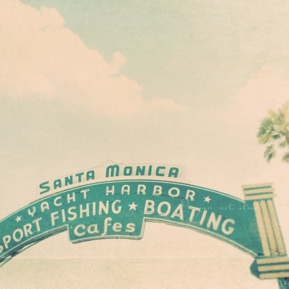 photography, Santa Monica pier photograph LA California travel landmark aqua blue beach decor, palm tree fine art print 5x5
