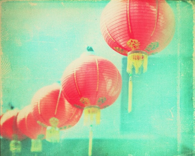 asian decor, red paper lanterns photograph, Chinatown Los Angeles, cherry red chinese lanterns mint green city travel fine art print 8x10