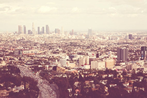 Los Angeles photography, LA skyline photograph, Los Angelenos urban cityscape pale neutral peach CA wall art downtown, Hollywood