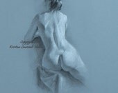 Original Drawing of Brunette with a White Flower in Her Hair on Silver Blue