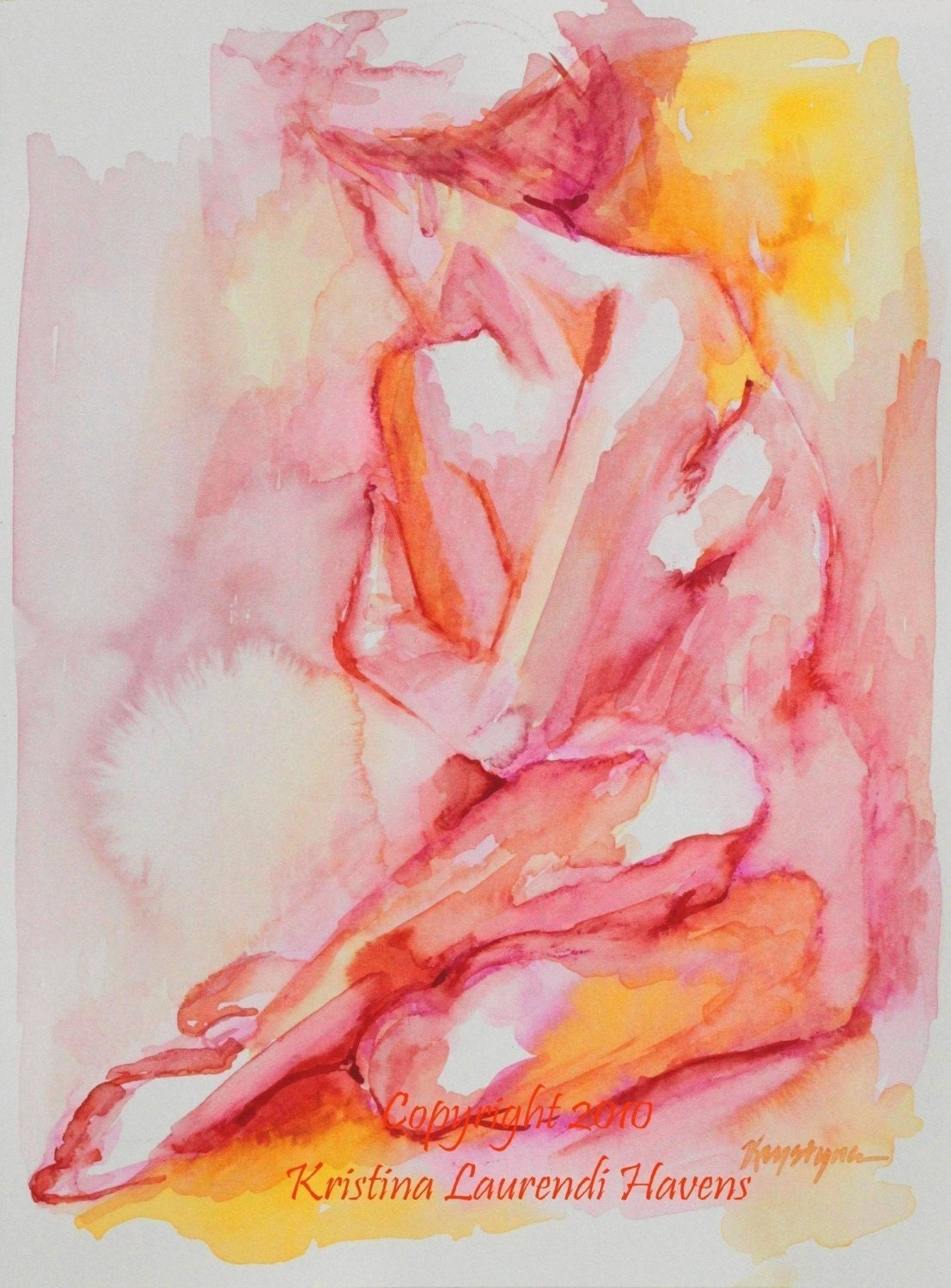 Citrus Colored Watercolor Figure Drawing - Embrace - Open Edition Art Print -