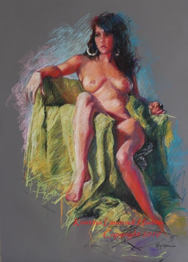 Pastel Drawing of Raven Haired Woman on Lime Drapery, Original Art Figure Drawing
