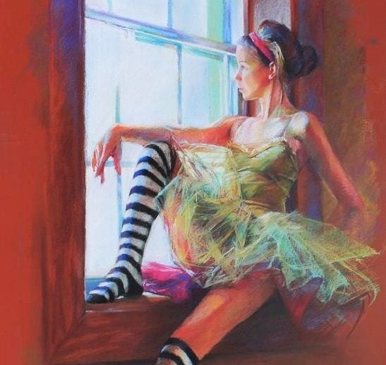 Large Fine Art Print of a Pastel Drawing - Ballerina in Striped Socks Sitting at the Window