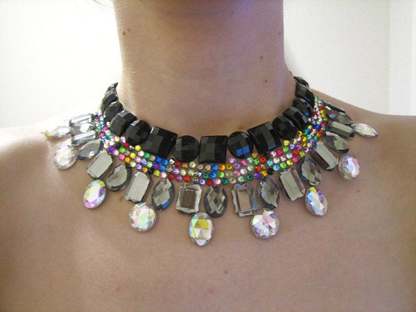 Black and Grey Collar Necklace, Rhinestone Statement, Fantasy Necklace, Rainbow, Jewel, Detail, Gray Necklace, Sparkly, Formal Necklace