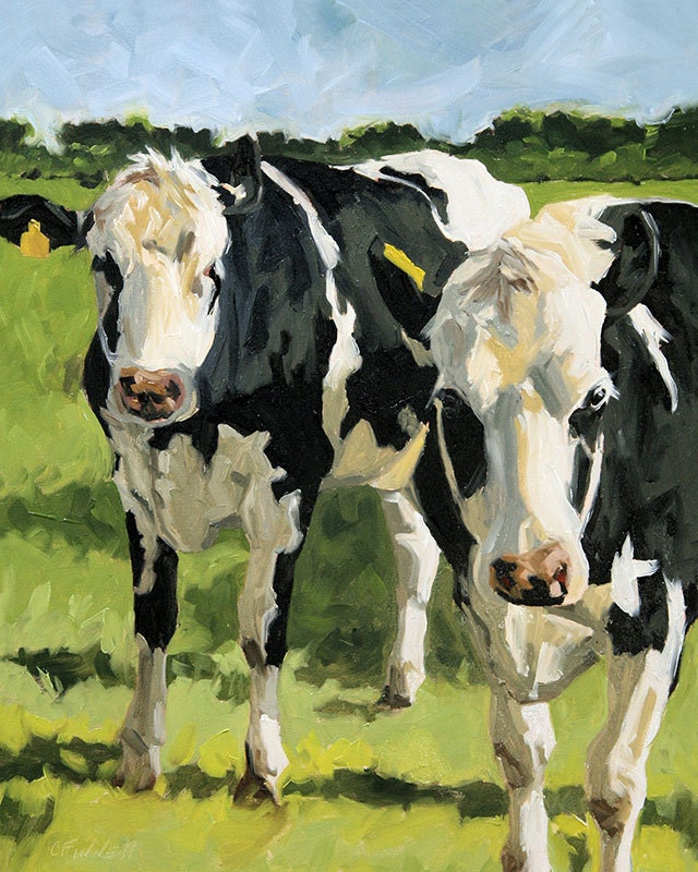 Cow painting, giclee on canvas print with gallery wrap, 16x20, from an original animal art oil painting, "Out Standing"