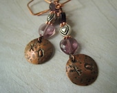 Valentine Hugs and Kisses Copper Earrings Hammered Heart Stone Earrings