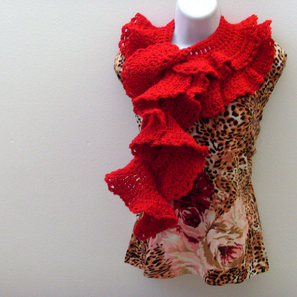 Scarlet Red Scarf - Boa / Scalloped Ruffles / Feminine Romantic Victorian Crochet Fashion / 78 IN Long / OOAK