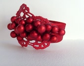 Red Winter Berries Headband - Head Piece / Festive Holiday Fashion / Cranberry Red Metallic Berries / Red Metallic Lace / Red Satin