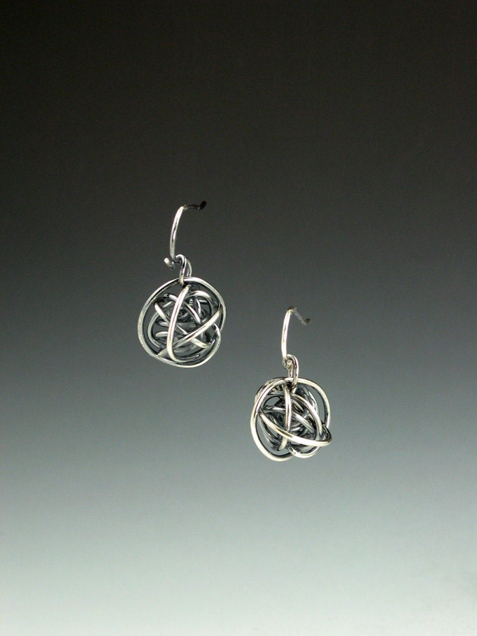 Oxidized Sterling Silver Orbit Earrings, ball, sphere, circle, wire wrapped