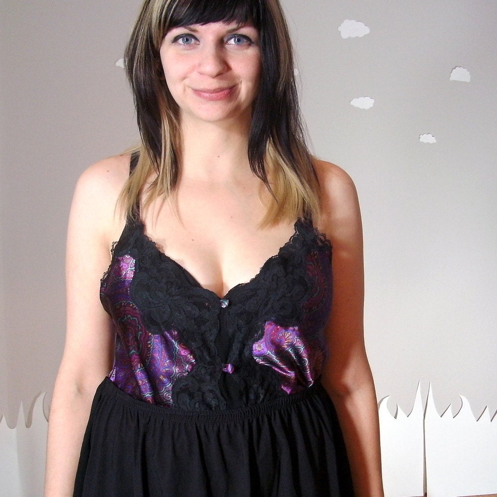 vintage upcycled party dress large black purple pink PRETTY IN PAISLEY