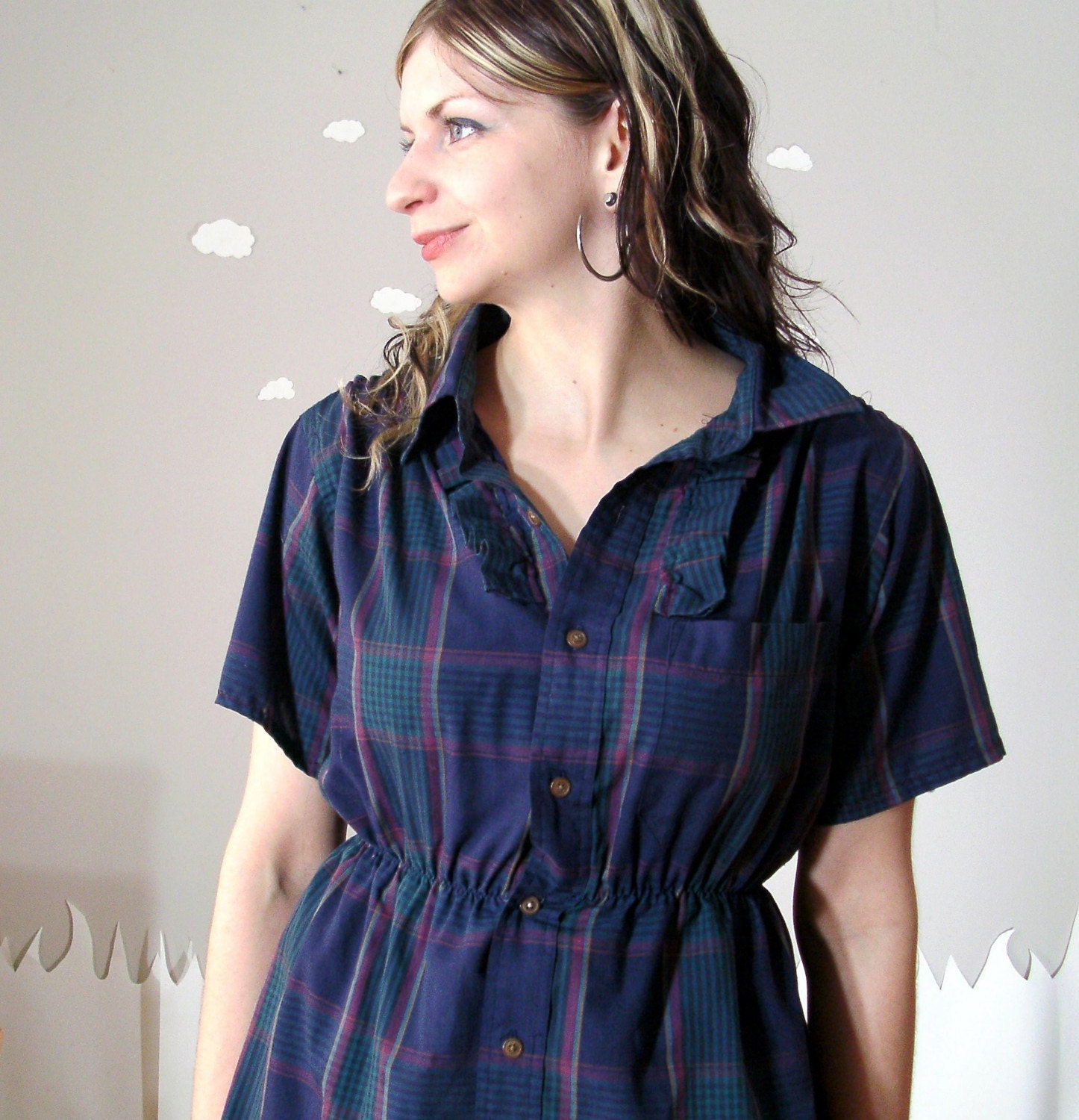 Custom handmade tunic shirt plaid grunge office ruffles made to order BLUE IN SEATTLE