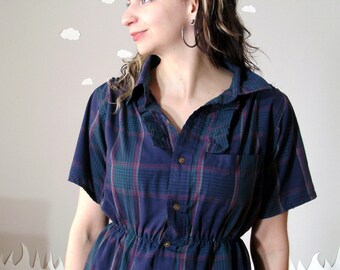 Custom handmade tunic shirt plaid grunge office ruffles made to order BLUE IN SEATTLE