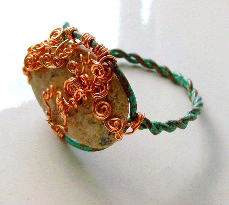 Rustic Yellow Ocean Jasper Copper Cuff Bracelet - Bohemian - Autumn - Patina - stoneandbone