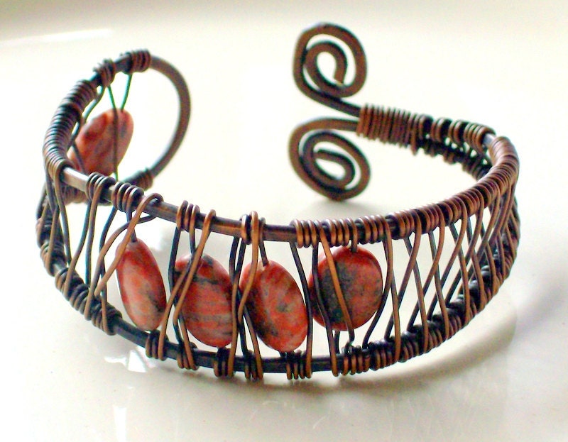Rustic Red Jasper Copper Cuff Bracelet - Bohemian - Wire Wrapped - stoneandbone - Autumn