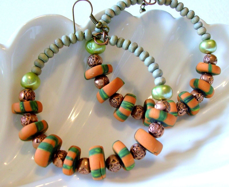 Big African Hoop Earrings - Bohemian - Rustic - Wood Pearl Clay Beaded Hoop Earrings - stoneandbone
