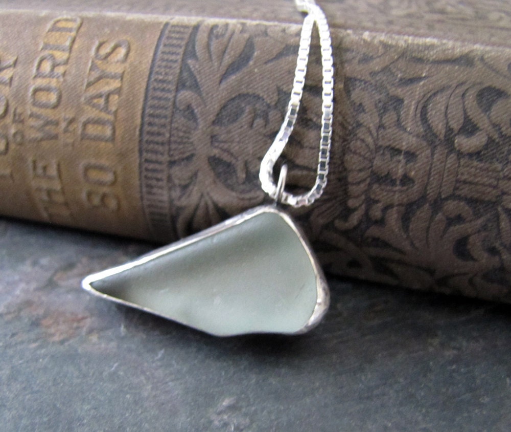 Organic Pale Green Sea Glass Necklace. Geometric Sterling Silver Metalwork Pendant. Beach Jewelry