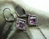 Pear and Square wire wrapped earrings - sterling silver and pink amethyst gemstones