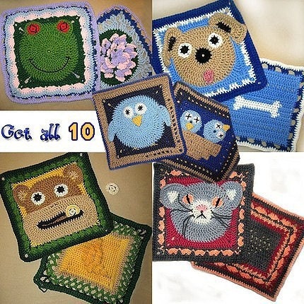 Animal Theme Granny Square Crochet PDF PATTERNS. Dog, Cat, Monkey, Bird, Frog, Heart, Flower. Sent via Email