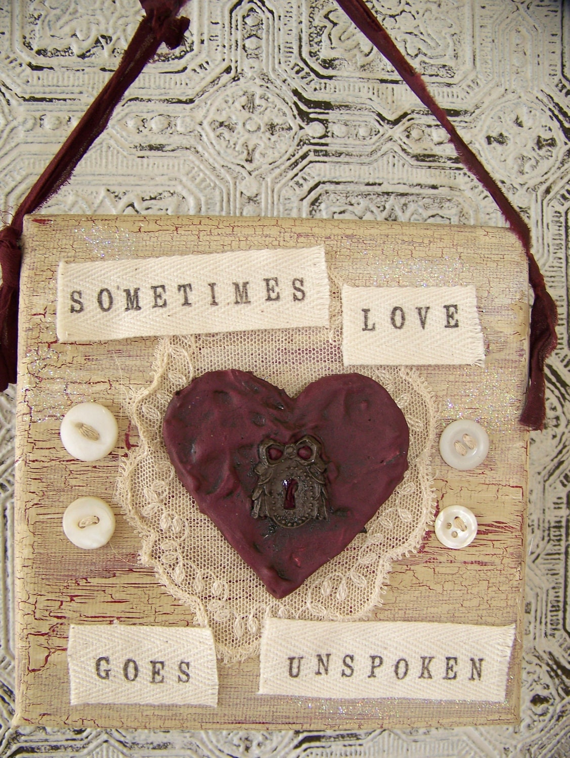 Original Mixed Media Collage Vintage Heart  Shabby Cottage Style Vintage Collage Vintage Lace Collage