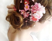 hot pink bridal hair accessories, cherry blossom hair clip, fuchsia wedding hairpiece - DEVOTEDLY - pink and white bridal hair accessory