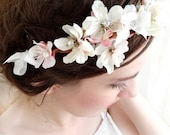white flower rhinestone floral crown, wedding hair accessories, bridal headpiece - PETAL - a bridal head piece w/ pink cherry blossoms
