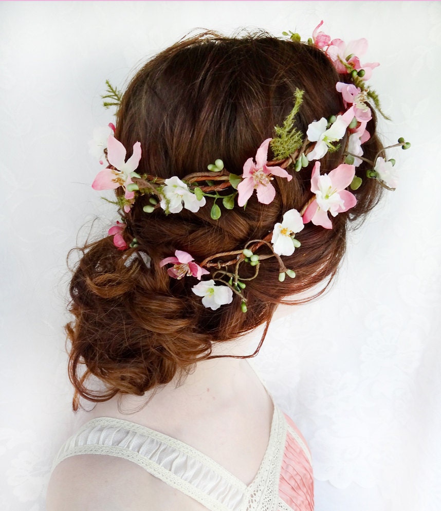 rustic wedding hair wreath, woodland headpiece, pink bridal hair flower - FOLKLORE - fern, pink flower