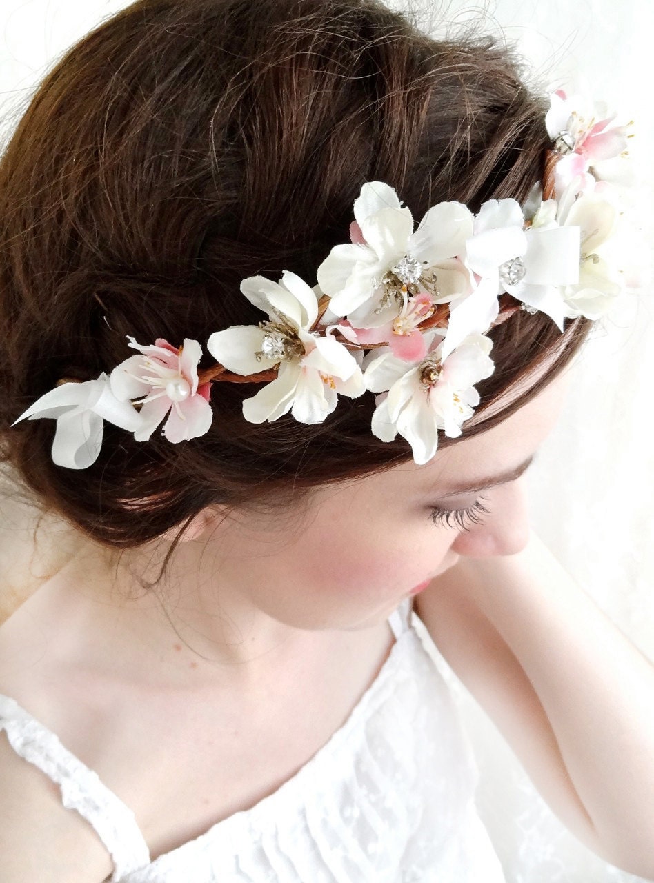 white flower rhinestone floral crown, wedding hair accessories, bridal headpiece - PETAL - a bridal head piece w/ pink cherry blossoms