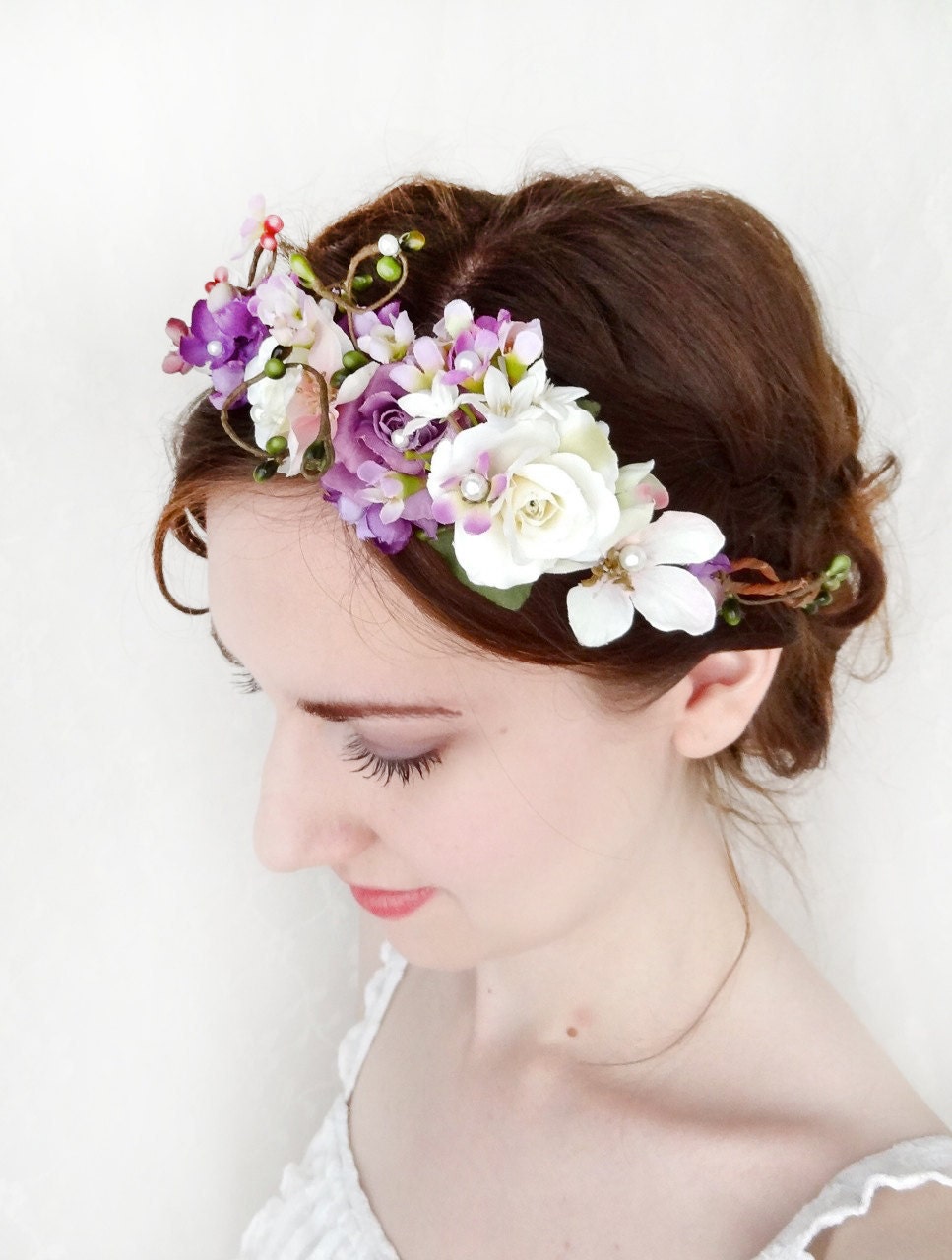 purple wildflower hair wreath, lilac bridal headpiece - WILD BEAUTY - rustic wedding, bridal hair accessories, floral crown