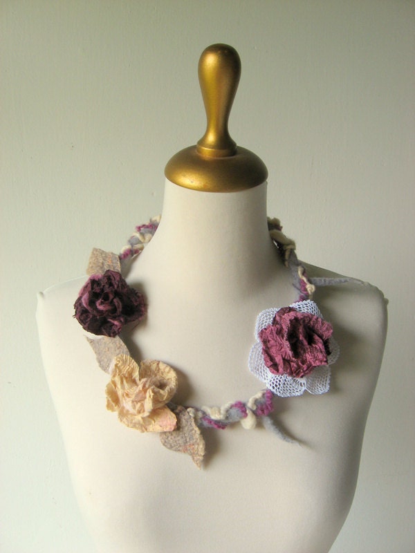 Felted  Faerie Necklace Aubergine, Cream, Mauve
