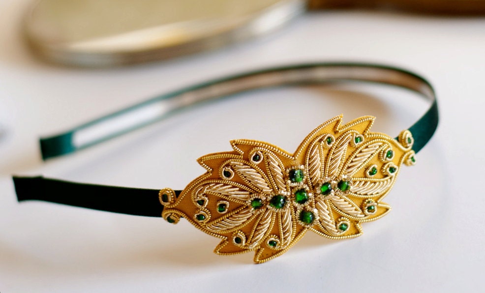 Mustard Emerald Green and Gold Metallic Beaded Headband Women and Teens
