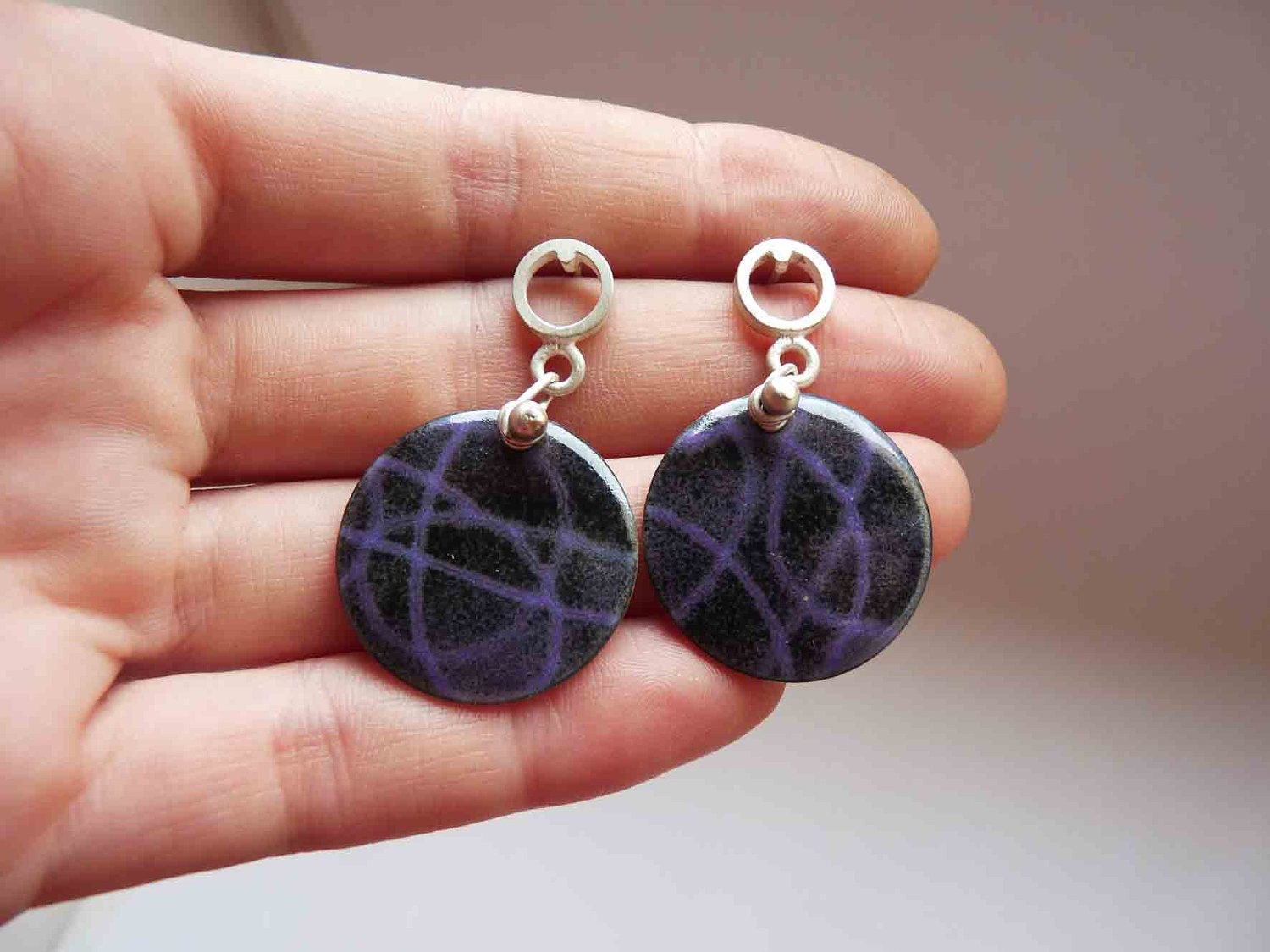 Strand  earrings - Violet Purple Black  Enamels -  Sterling silver and copper