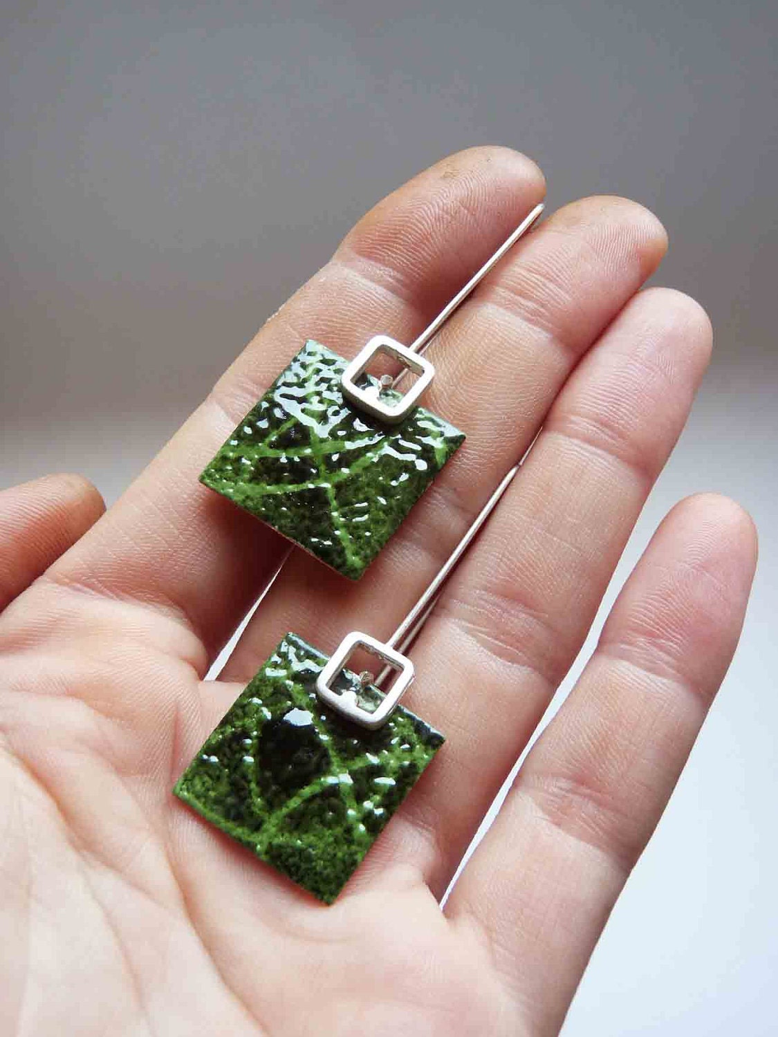 Green enamel earrings, Dangle earrings, square earrings, Stencil earrings,  Sterling silver and copper