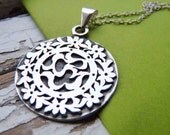 Bouquet necklace made in Sterling silver,  Long chain necklace, flower pendant , medallion, black patina, polishing.