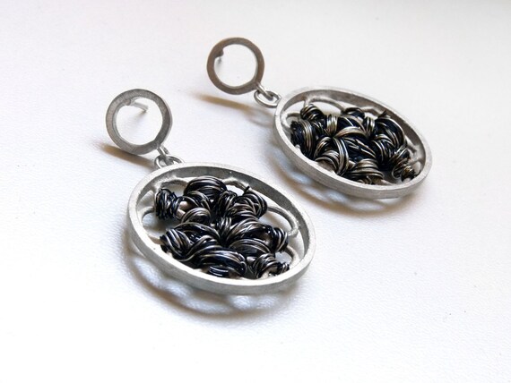 Entanglements Black  - Sterling silver and copper wire - Super lightweight - Wire wrapping - Tangle earrings